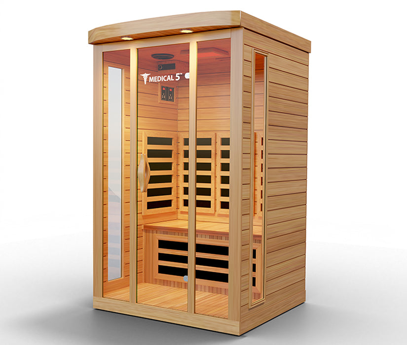 Medical Saunas – Medical 5 Three-Person Home Infrared Sauna, Hemlock Wood, 9 Heaters, 2200 W