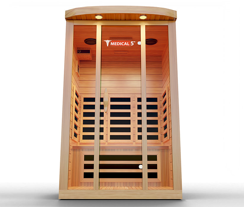 Medical Saunas – Medical 5 Three-Person Home Infrared Sauna, Hemlock Wood, 9 Heaters, 2200 W