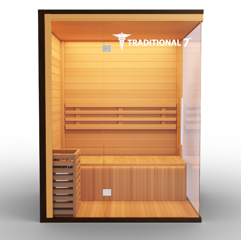 Medical Saunas – Traditional 7 Three-Person Home Steam Sauna, Hemlock Wood, 4.5 kW Heater
