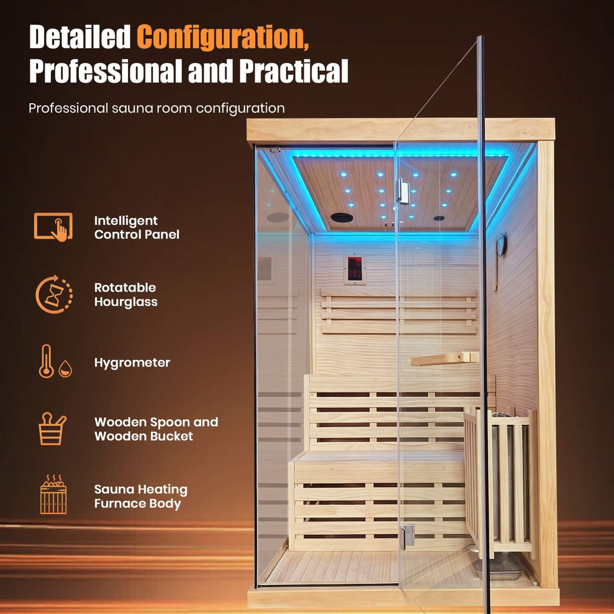 Kaelis 2-Person 3000W Chilean Pine Sauna Room With Starry Lights (SAK13795)
