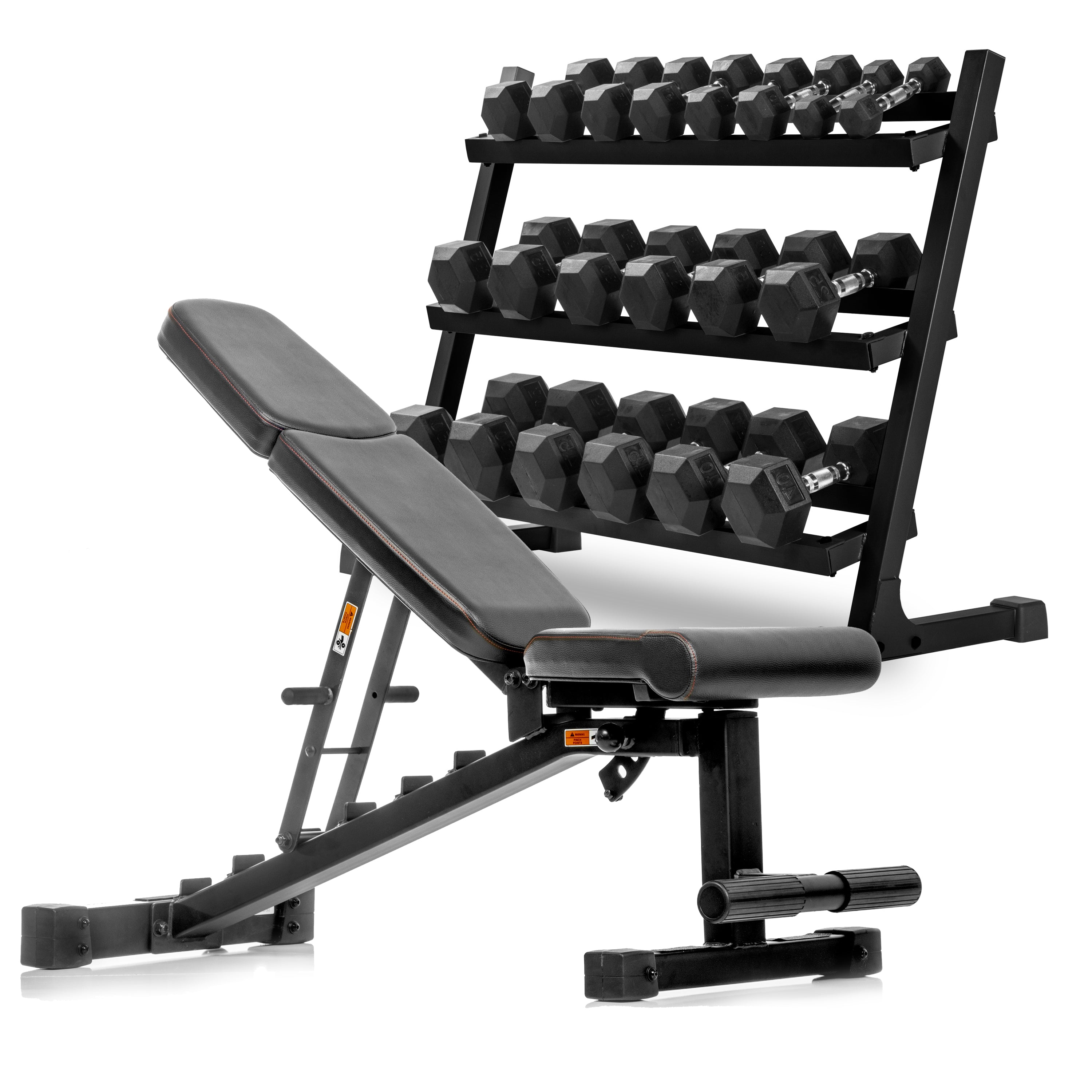 XMARK 5-50 lb Hex Dumbbell Set with Rack and Weight Bench