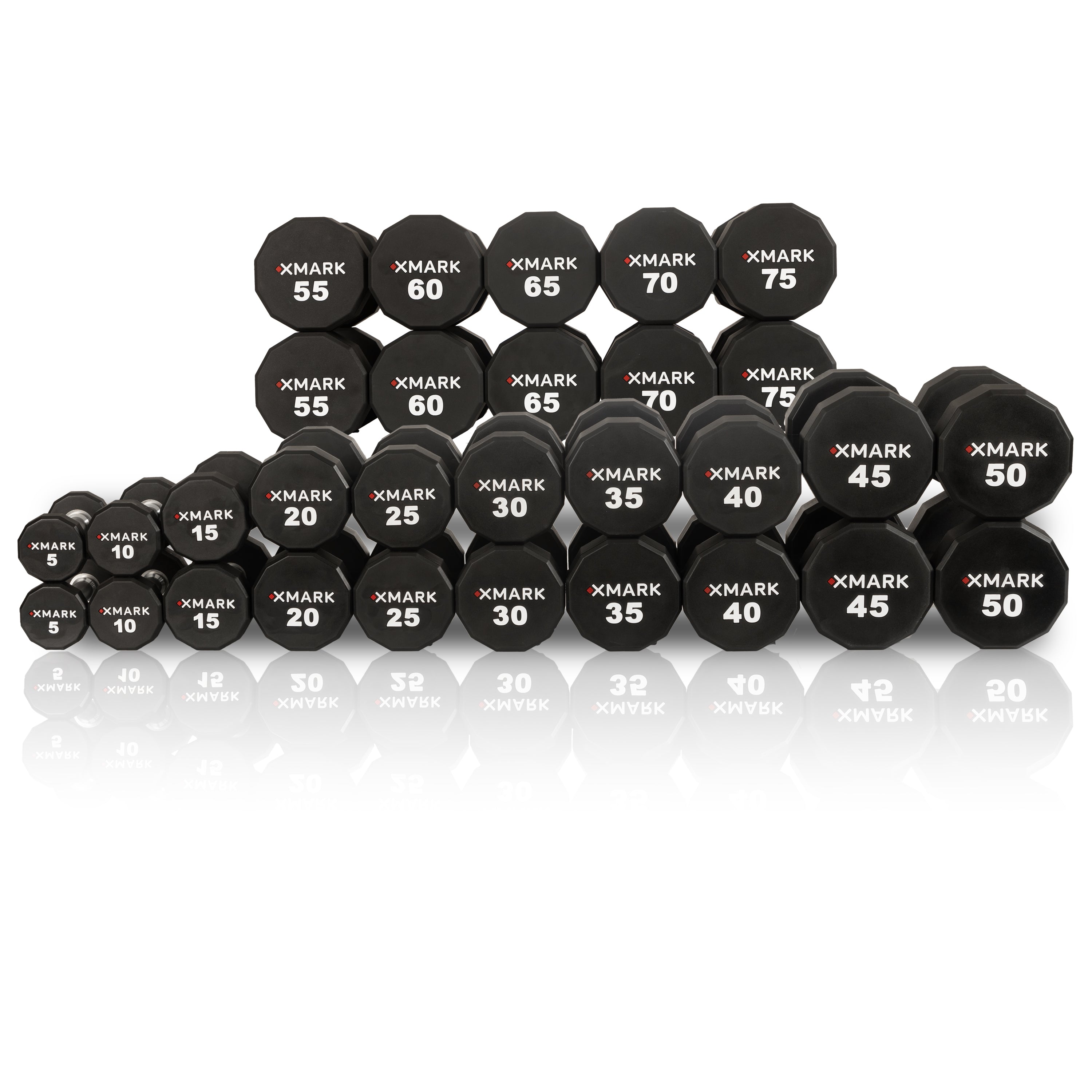 XMARK 12-Sided Commercial Urethane Dumbbells (5-50 lb and 5-75 lb Sets)