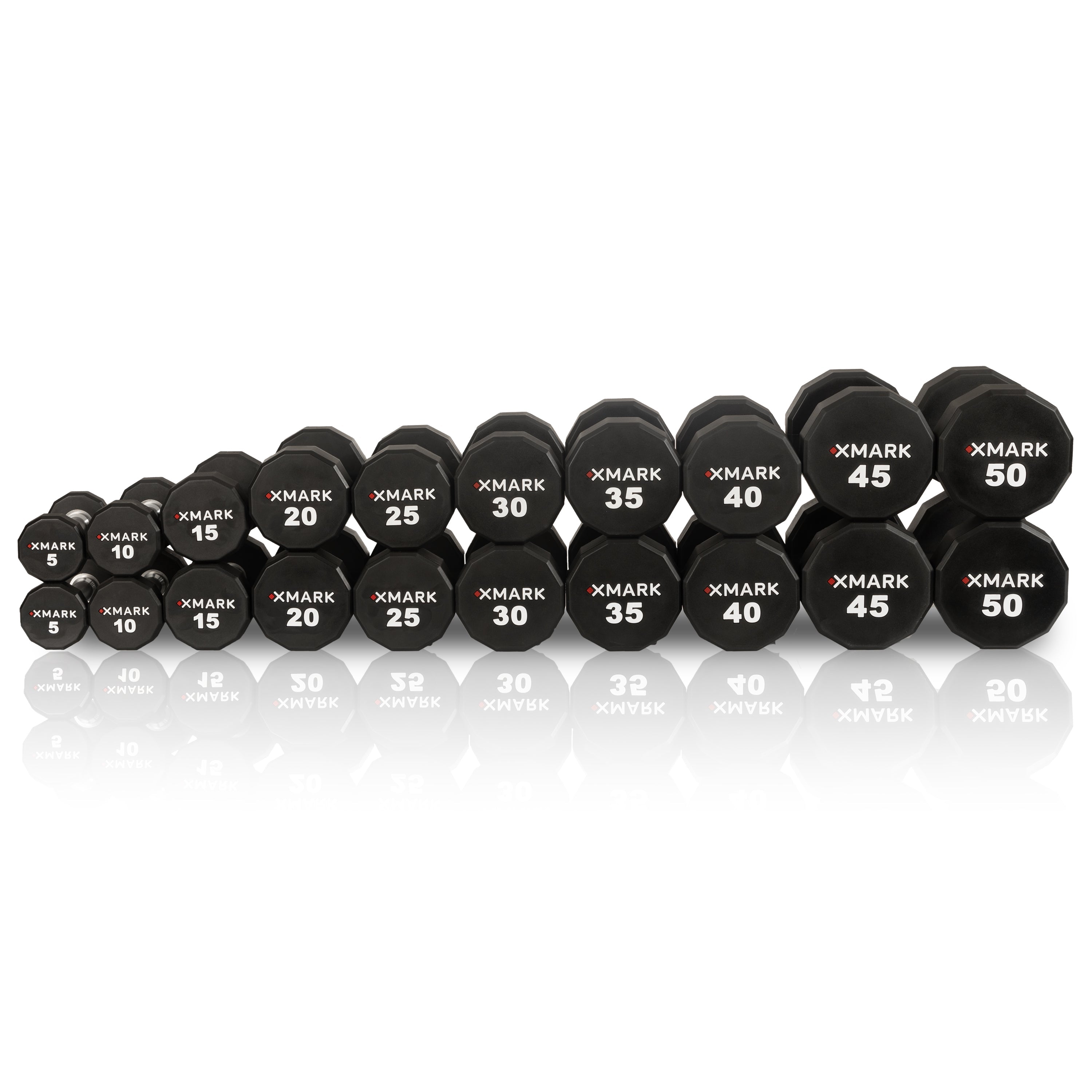 XMARK 12-Sided Commercial Urethane Dumbbells (5-50 lb and 5-75 lb Sets)