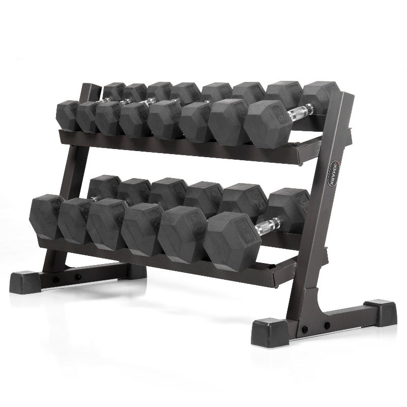XMARK 10–50 lb Rubber Hex Dumbbells with 2-Tier Rack | Durable Strength Set & Storage