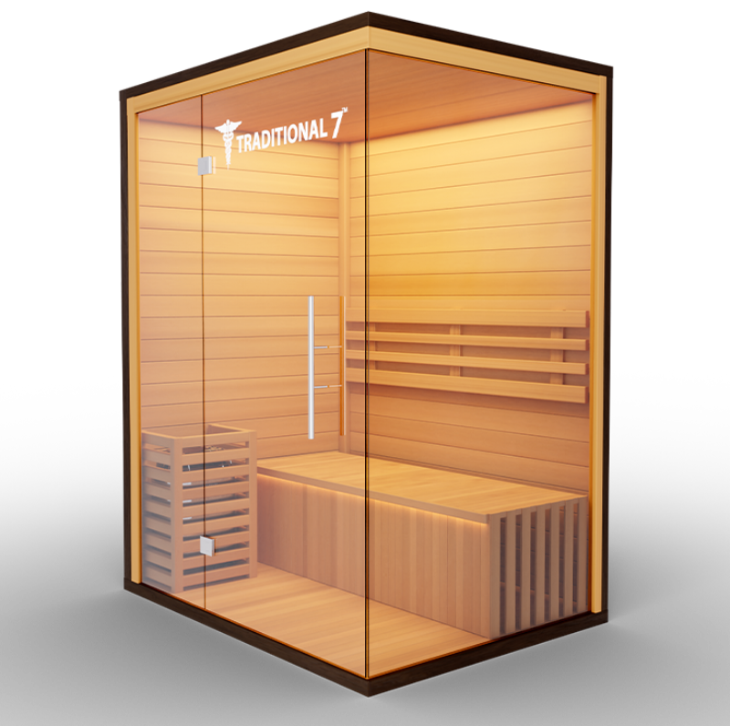 Medical Saunas – Traditional 7 Three-Person Home Steam Sauna, Hemlock Wood, 4.5 kW Heater