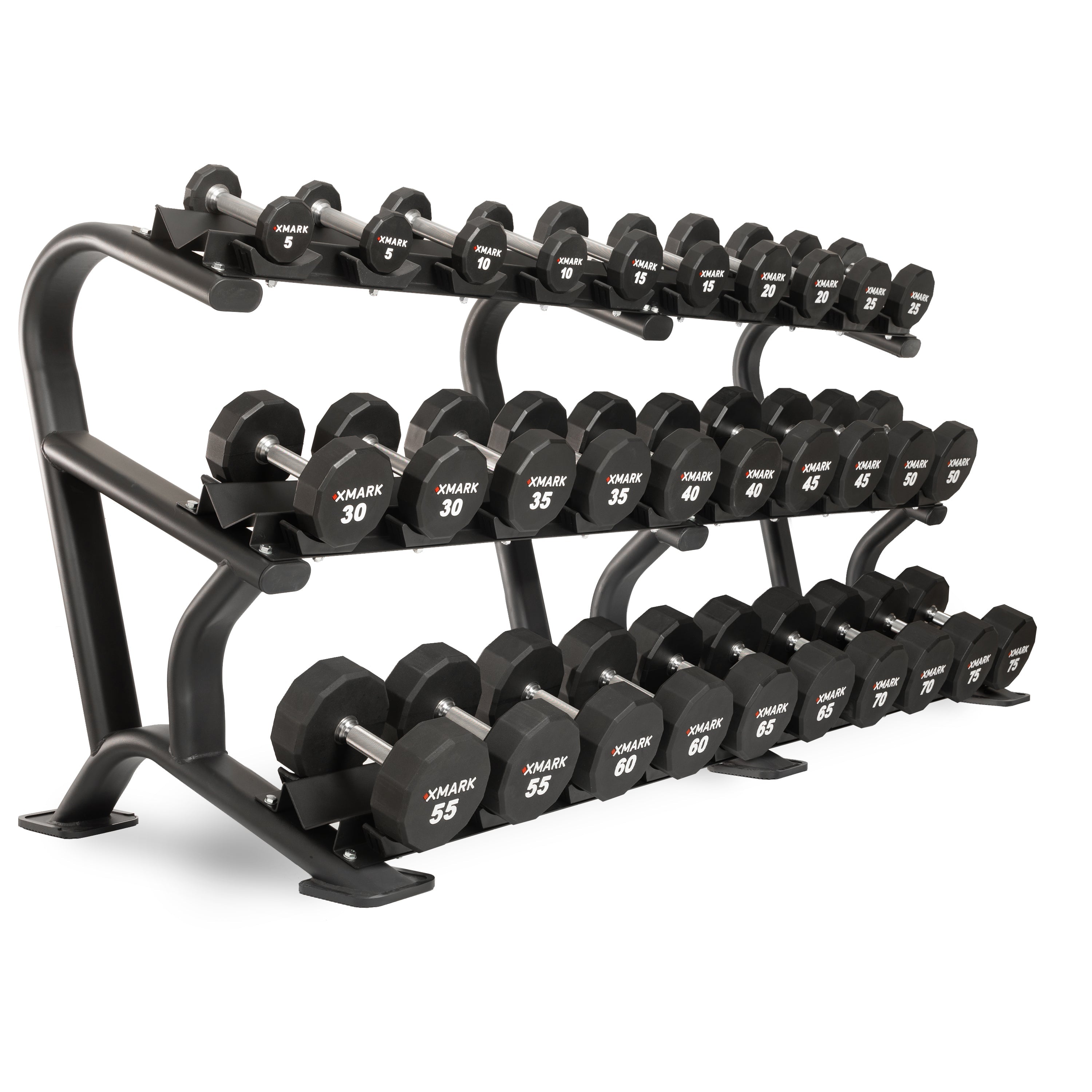 XMARK 12-Sided Commercial Urethane Dumbbells (5-50 lb and 5-75 lb Sets)