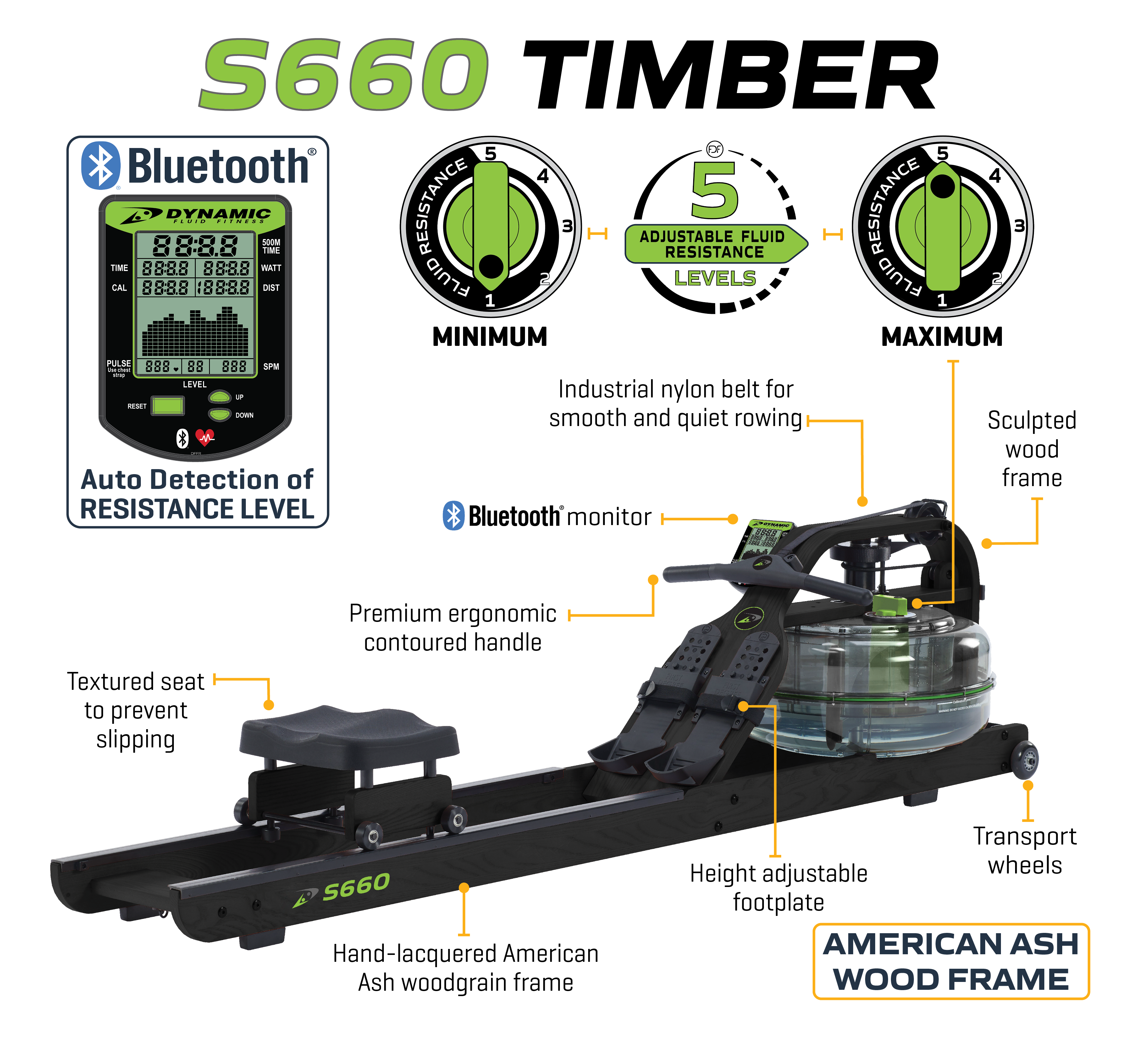 Dynamic Fluid Fitness S680 Timber Rower – Premium American Ash Home & Light-Commercial