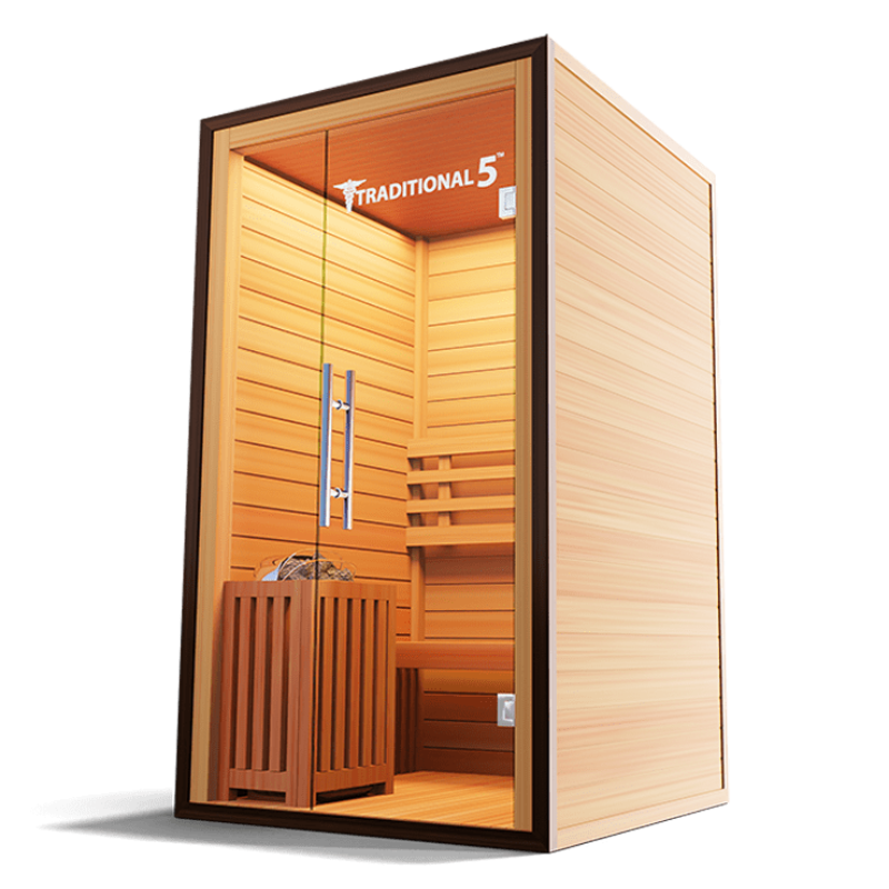 Medical Saunas – Traditional 5 One-Person Home Steam Sauna, Hemlock Wood, 4.5 kW Heater