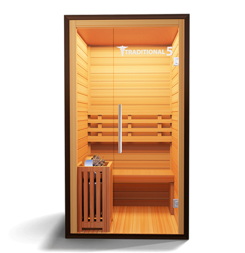 Medical Saunas – Traditional 5 One-Person Home Steam Sauna, Hemlock Wood, 4.5 kW Heater