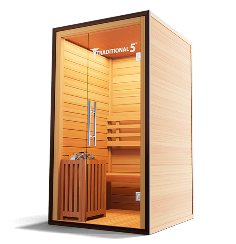 Medical Saunas – Traditional 5 One-Person Home Steam Sauna, Hemlock Wood, 4.5 kW Heater