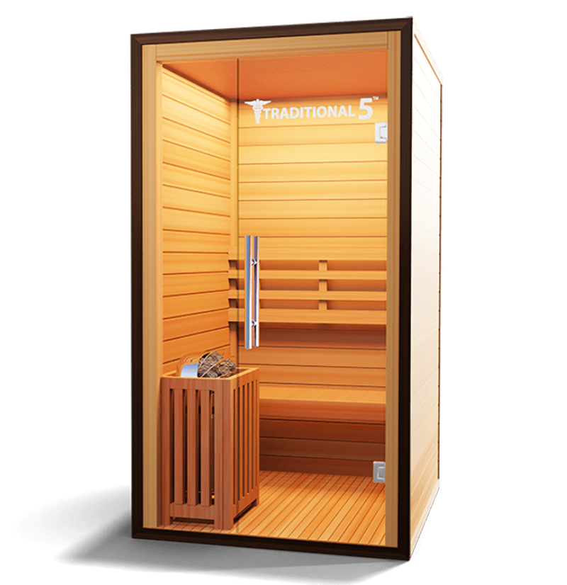 Medical Saunas – Traditional 5 One-Person Home Steam Sauna, Hemlock Wood, 4.5 kW Heater