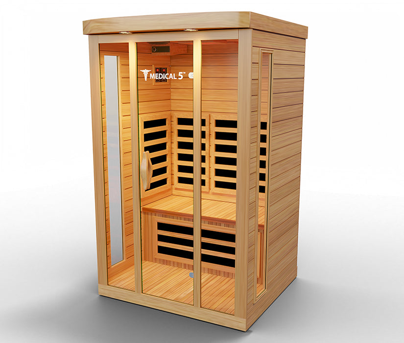 Medical Saunas – Medical 5 Three-Person Home Infrared Sauna, Hemlock Wood, 9 Heaters, 2200 W