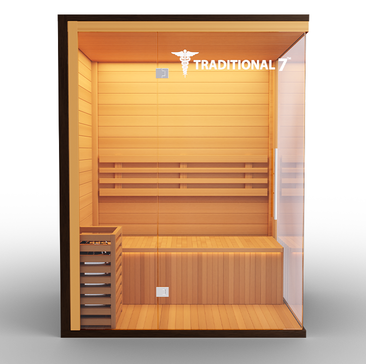 Medical Saunas – Traditional 7 Three-Person Home Steam Sauna, Hemlock Wood, 4.5 kW Heater