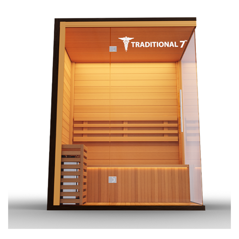 Medical Saunas – Traditional 7 Three-Person Home Steam Sauna, Hemlock Wood, 4.5 kW Heater