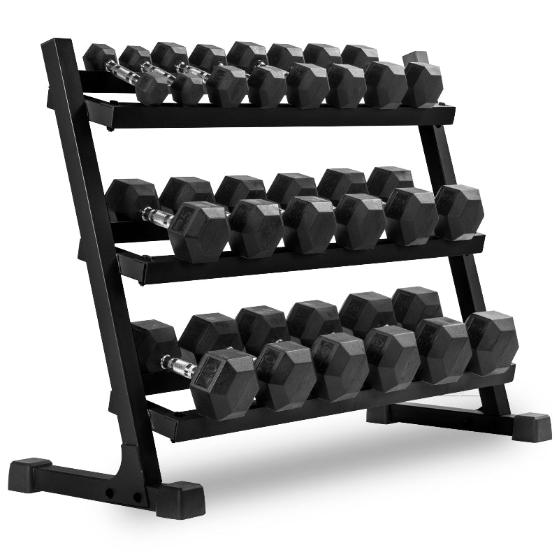 XMARK 10-Pair Hex Dumbbell Set (5–50 lbs) with 3-Tier Storage Rack | Complete Free Weight System