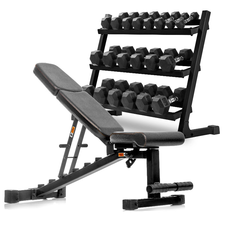 XMARK 5–50 lb Hex Dumbbell Set with Rack & Adjustable Weight Bench