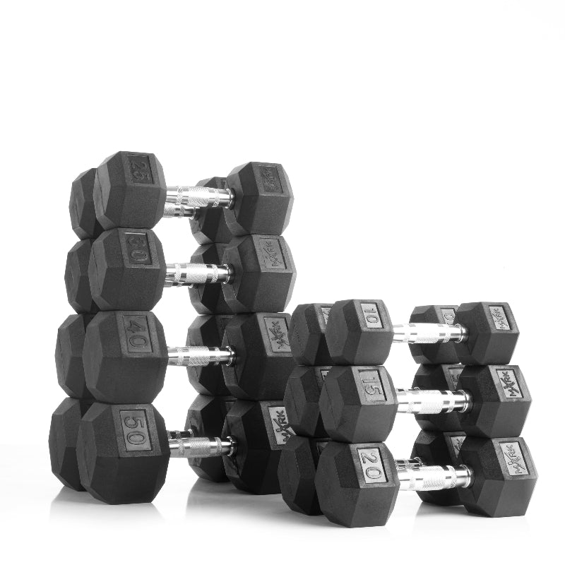 XMARK 10–50 lb Rubber Hex Dumbbells with 2-Tier Rack | Durable Strength Set & Storage