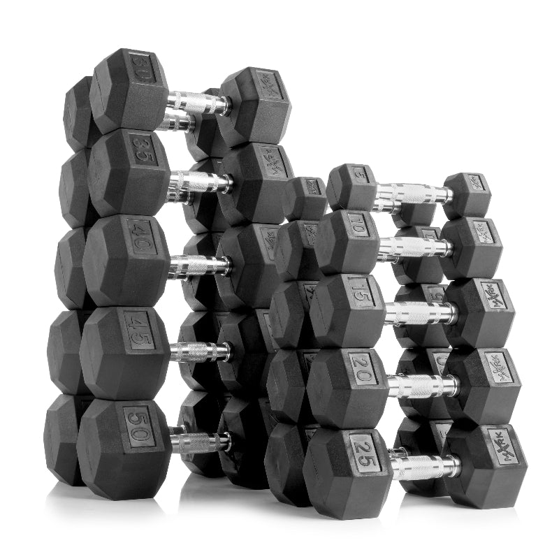 XMARK 10-Pair Hex Dumbbell Set (5–50 lbs) with 3-Tier Storage Rack | Complete Free Weight System