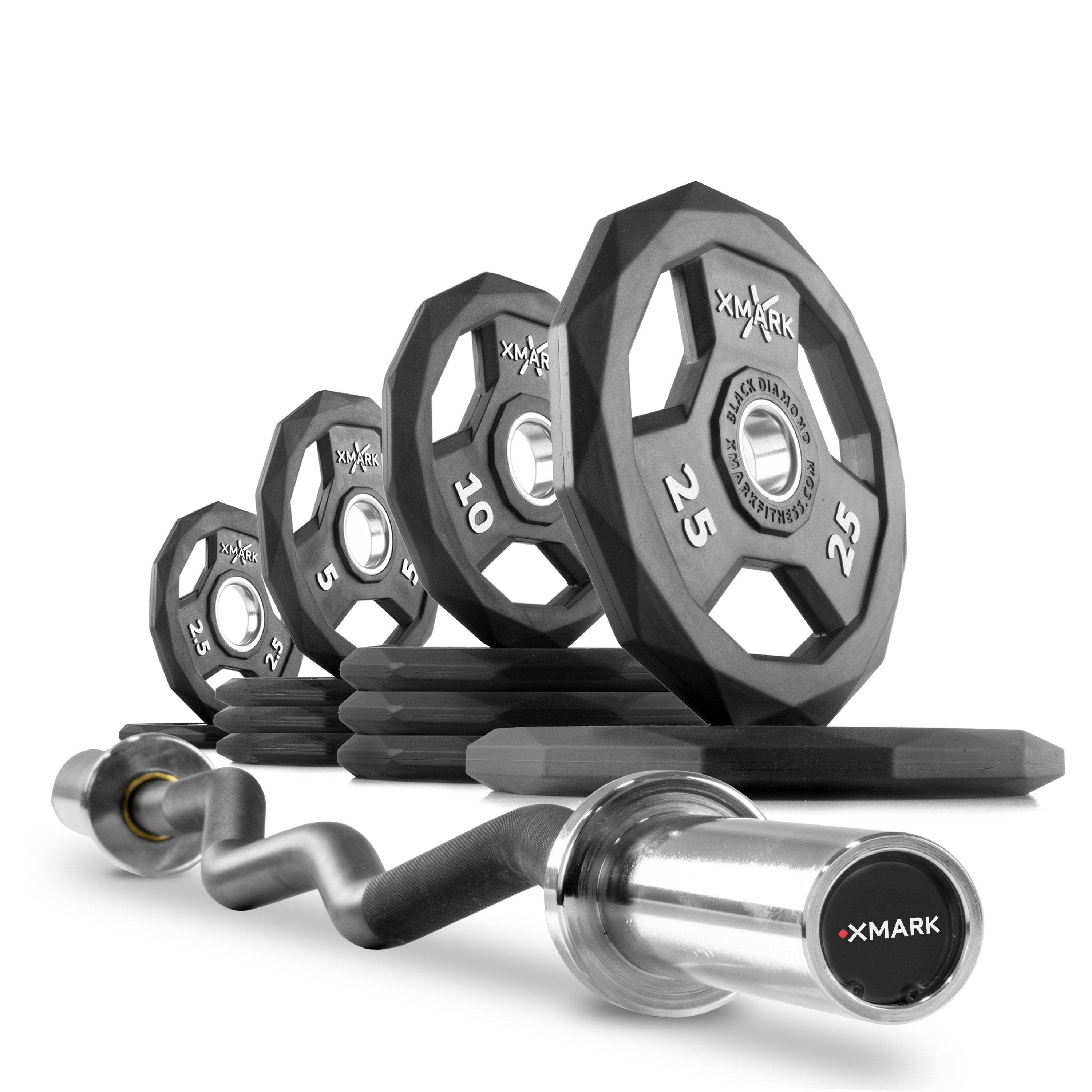 XMARK Black Diamond Olympic Weight Plates and Curl Barbell Sets