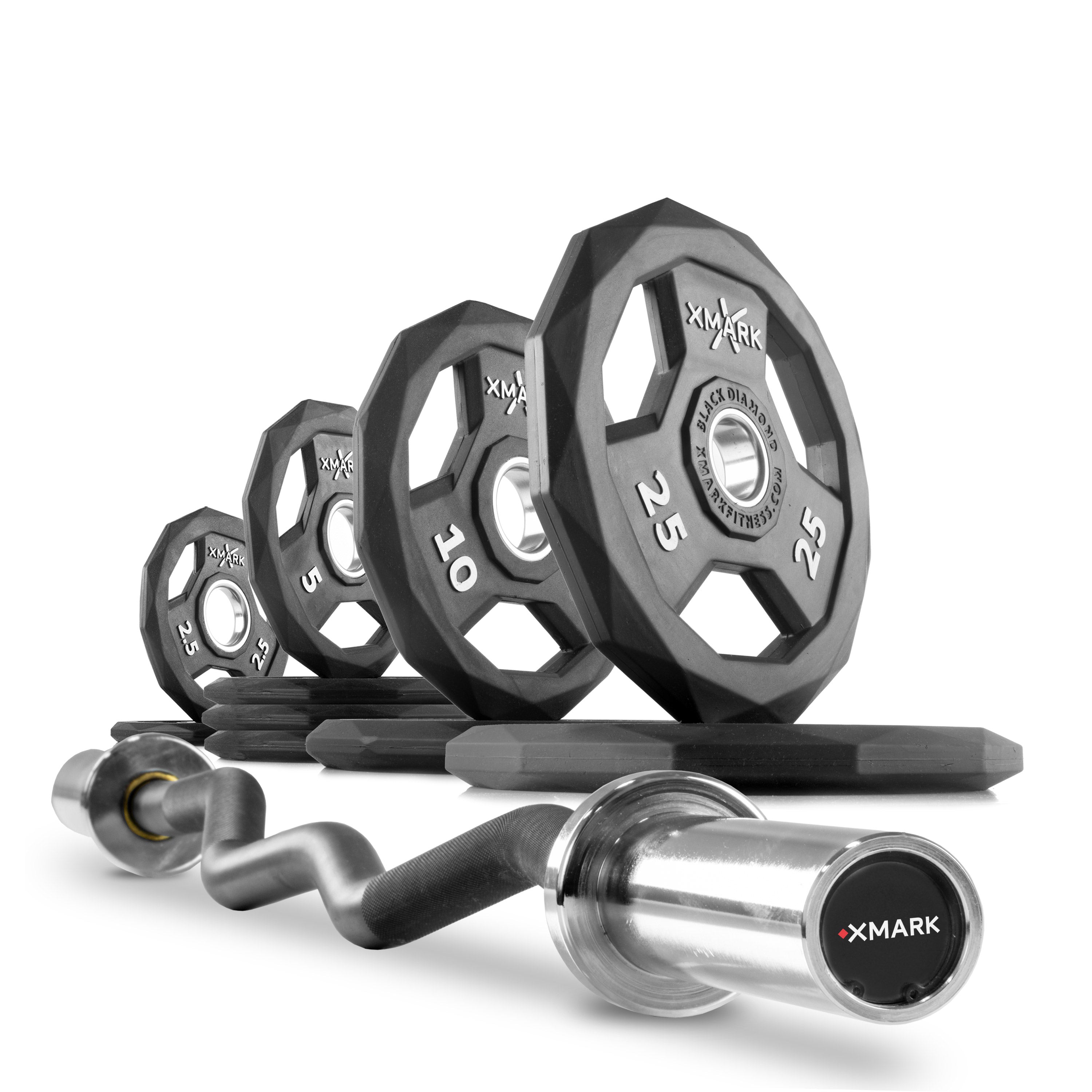 XMARK Black Diamond Olympic Weight Plates and Curl Barbell Sets