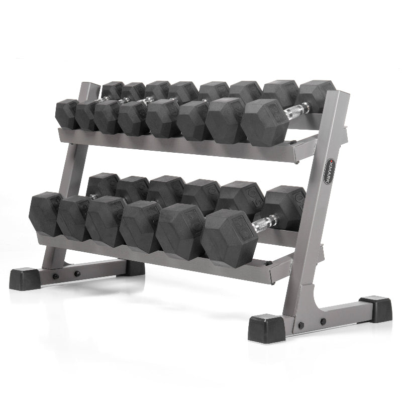 XMARK 10–50 lb Rubber Hex Dumbbells with 2-Tier Rack | Durable Strength Set & Storage
