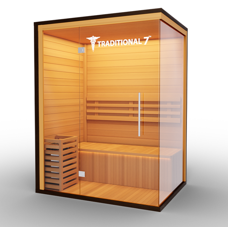 Medical Saunas – Traditional 7 Three-Person Home Steam Sauna, Hemlock Wood, 4.5 kW Heater