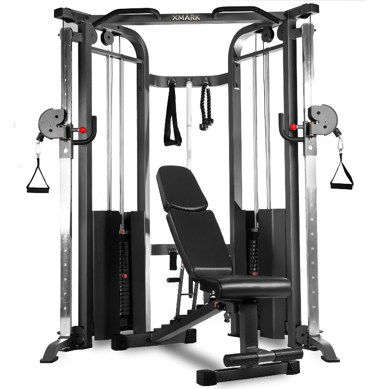 XMARK Functional Trainer Cable Machine with 200 lb Weight Stacks + Adjustable Weight Bench | All-in-One Home Gym