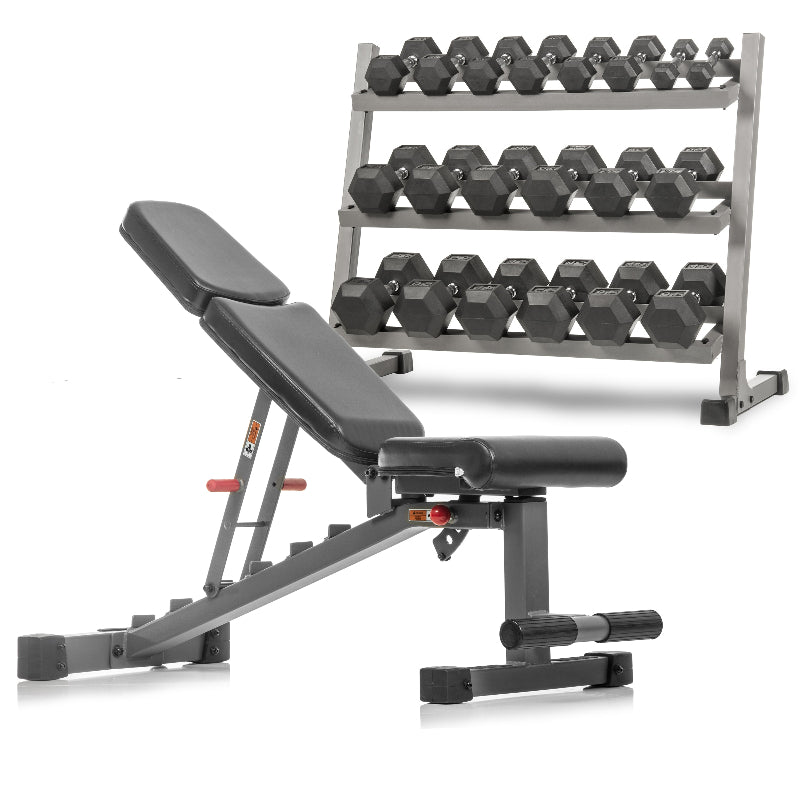 XMARK 5–50 lb Hex Dumbbell Set with Rack & Adjustable Weight Bench
