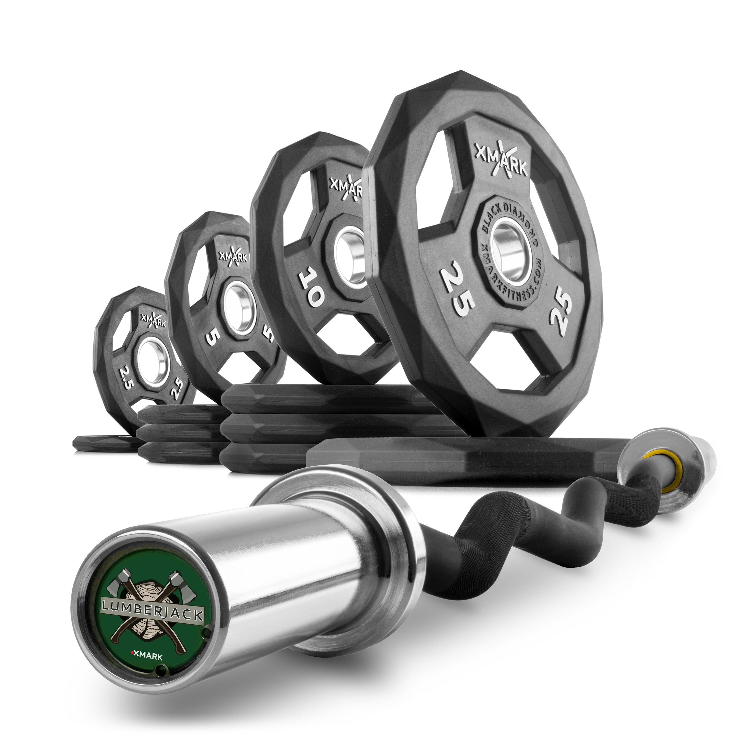 XMARK Black Diamond Olympic Weight Plates and Curl Barbell Sets