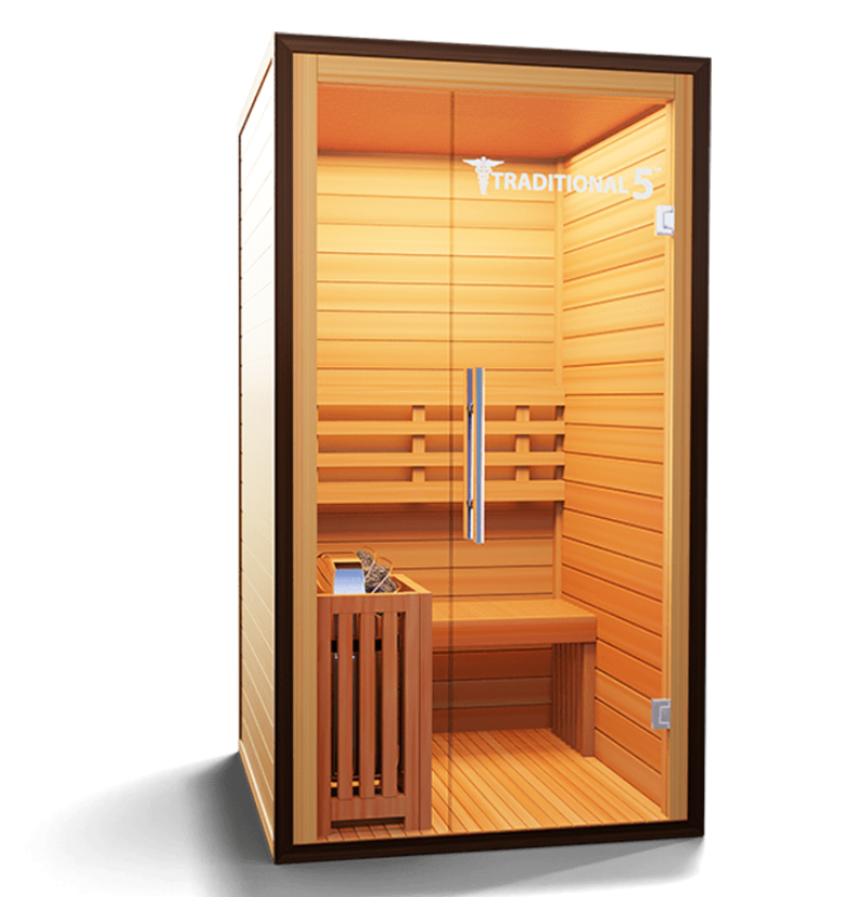 Medical Saunas – Traditional 5 One-Person Home Steam Sauna, Hemlock Wood, 4.5 kW Heater