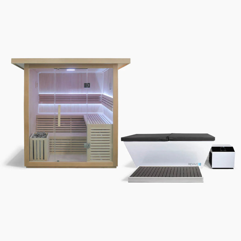 Revive 6-Person Traditional Sauna & Acrylic Plunge – 32–107°F, 1HP Chiller, WiFi Control