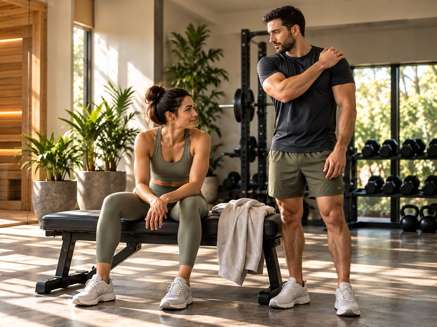 Men's and women's training apparel in a gym recovery space