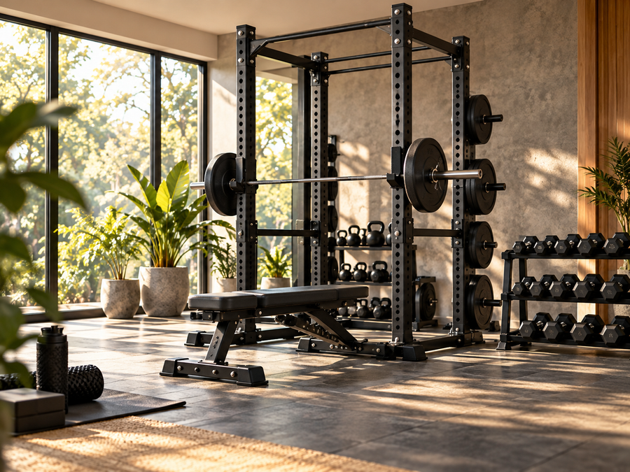 Strength training rack, bench and dumbbells in a home gym