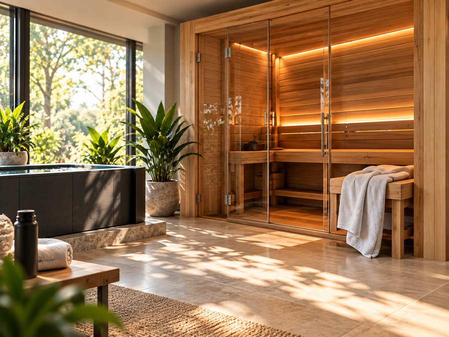 Sauna and cold plunge in a bright recovery room