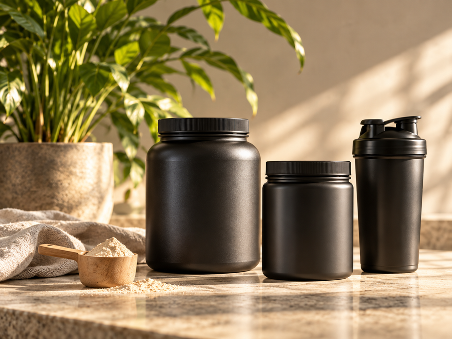 Supplement containers and a shaker on a stone counter