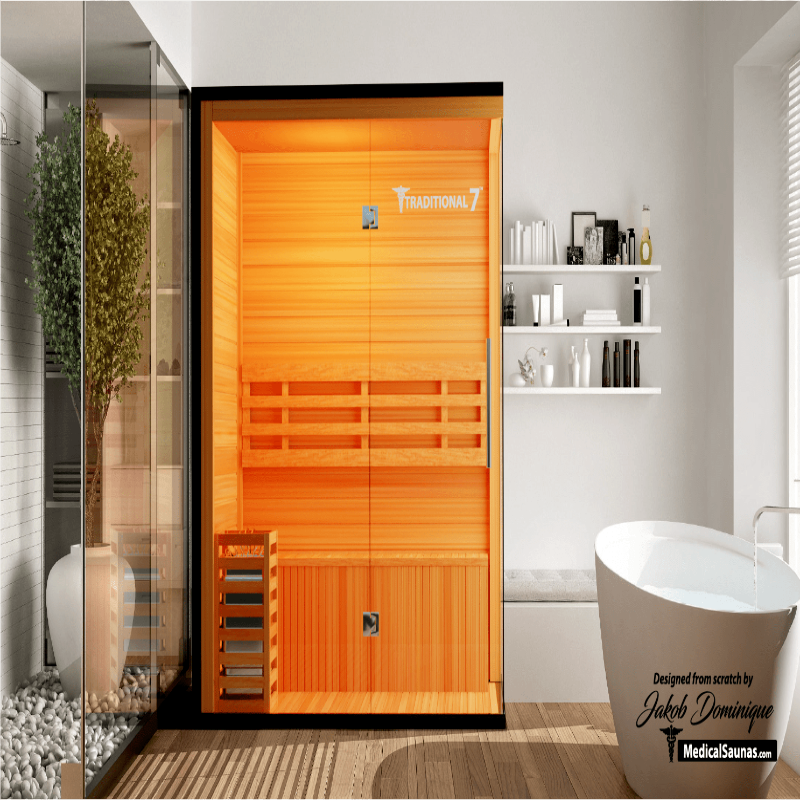 Medical Saunas – Traditional 7 Three-Person Home Steam Sauna, Hemlock Wood, 4.5 kW Heater