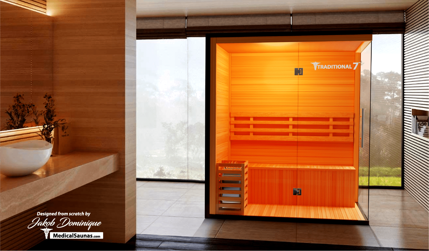 Medical Saunas – Traditional 7 Three-Person Home Steam Sauna, Hemlock Wood, 4.5 kW Heater