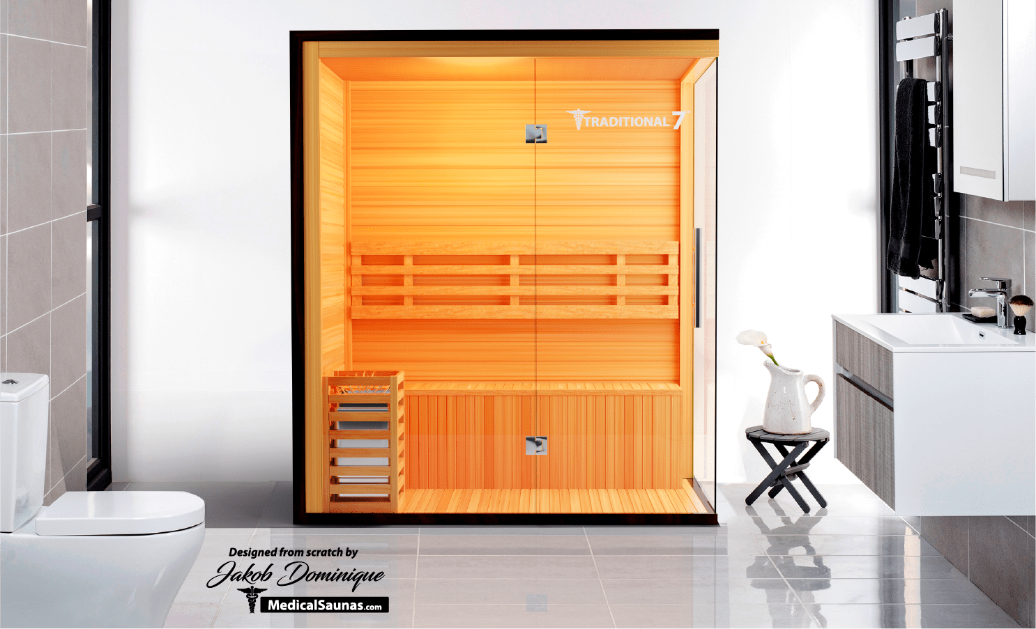 Medical Saunas – Traditional 7 Three-Person Home Steam Sauna, Hemlock Wood, 4.5 kW Heater